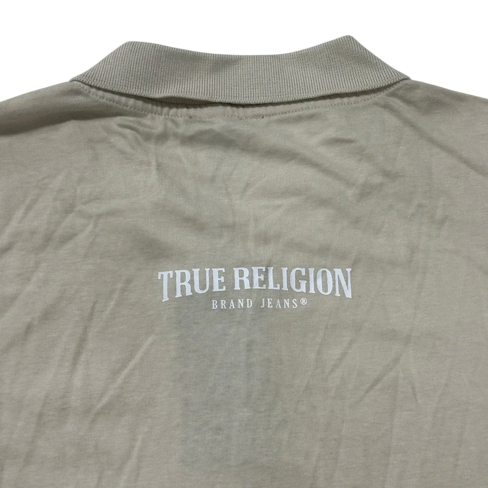 True Religion Logo Zipper Tape Polo Shirt Mens XL Fog Beige Zip 108088 NEW NWT